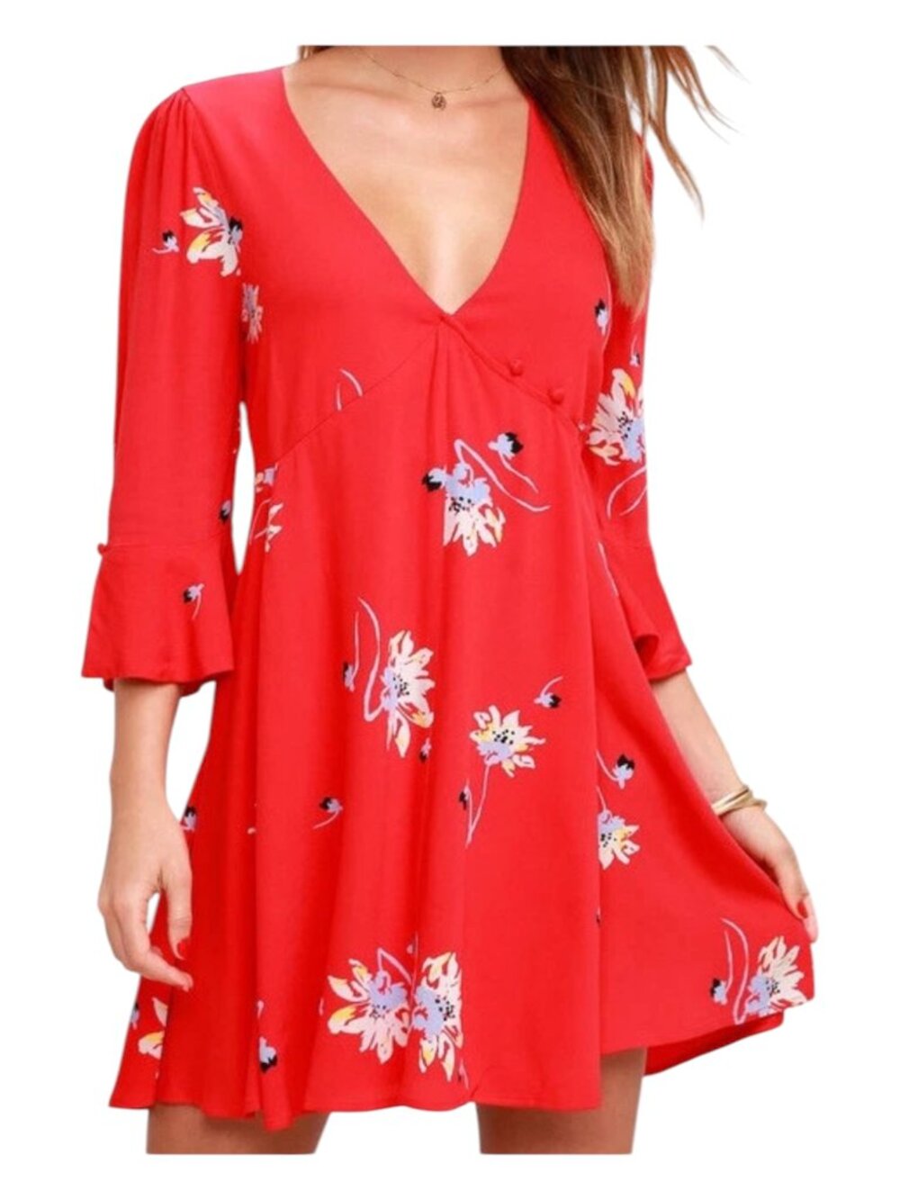 Free People Time On My Side Red Floral Print Wrap Mini Dress S Boho